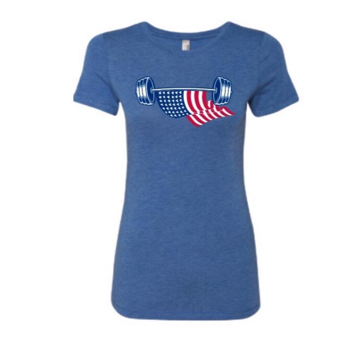 American Flag Barbell, Women's Short Sleeve Crew T-Shirt - Muscle Up Bars
