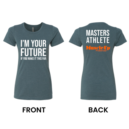 (Indigo) I'M YOUR FUTURE, MASTERS Athlete, Women's Short Sleeve Crew T-Shirt - Muscle Up Bars